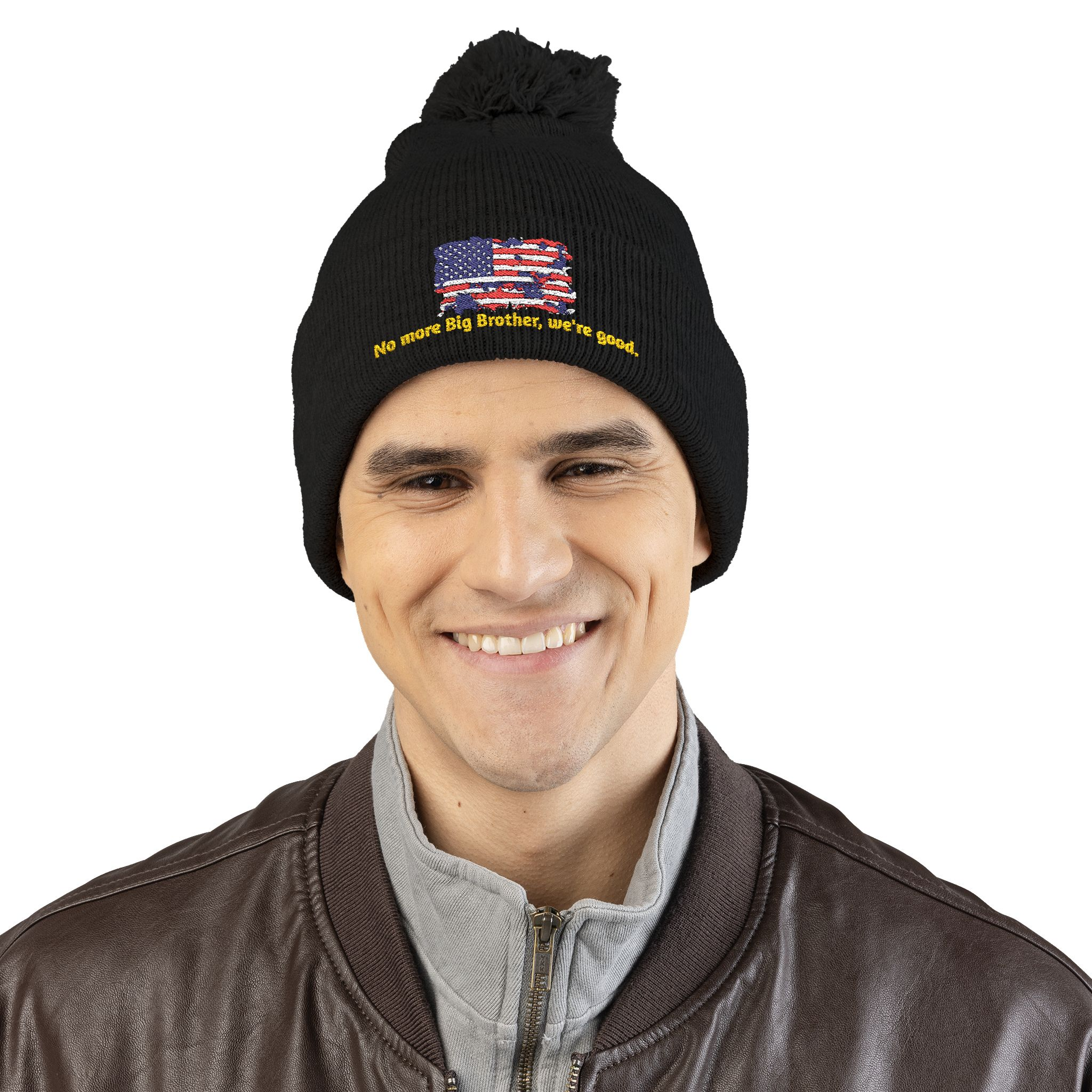 Pom-Pom Knit Cap — "No More Big Brother Stuff!" Embroidered Beanie - Image 15