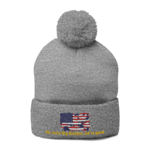 Pom-Pom Knit Cap — "No More Big Brother Stuff!" Embroidered Beanie