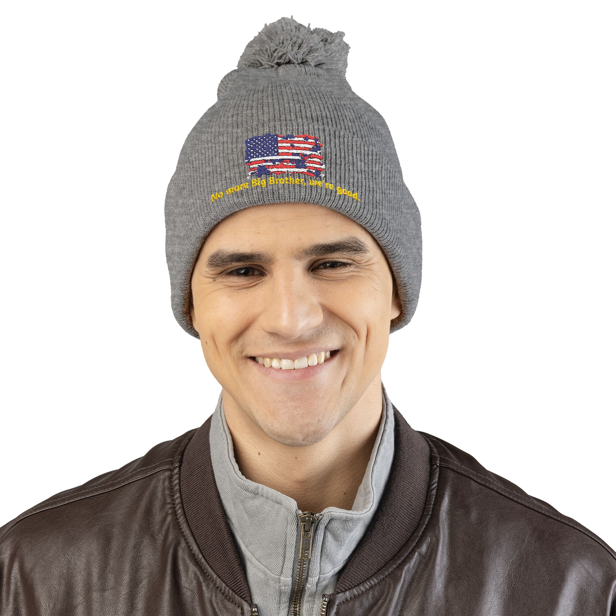 Pom-Pom Knit Cap — "No More Big Brother Stuff!" Embroidered Beanie - Image 5