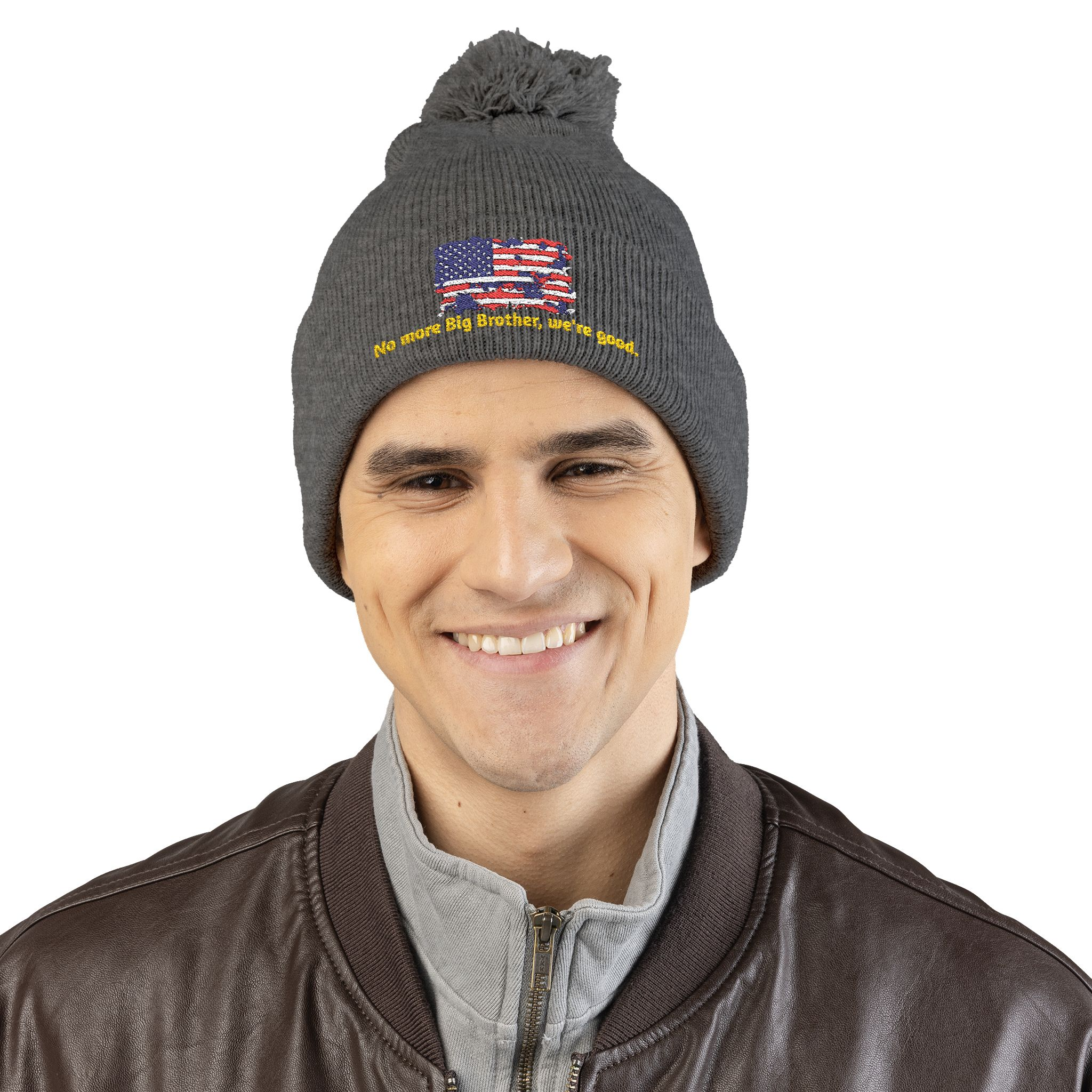 Pom-Pom Knit Cap — "No More Big Brother Stuff!" Embroidered Beanie - Image 25