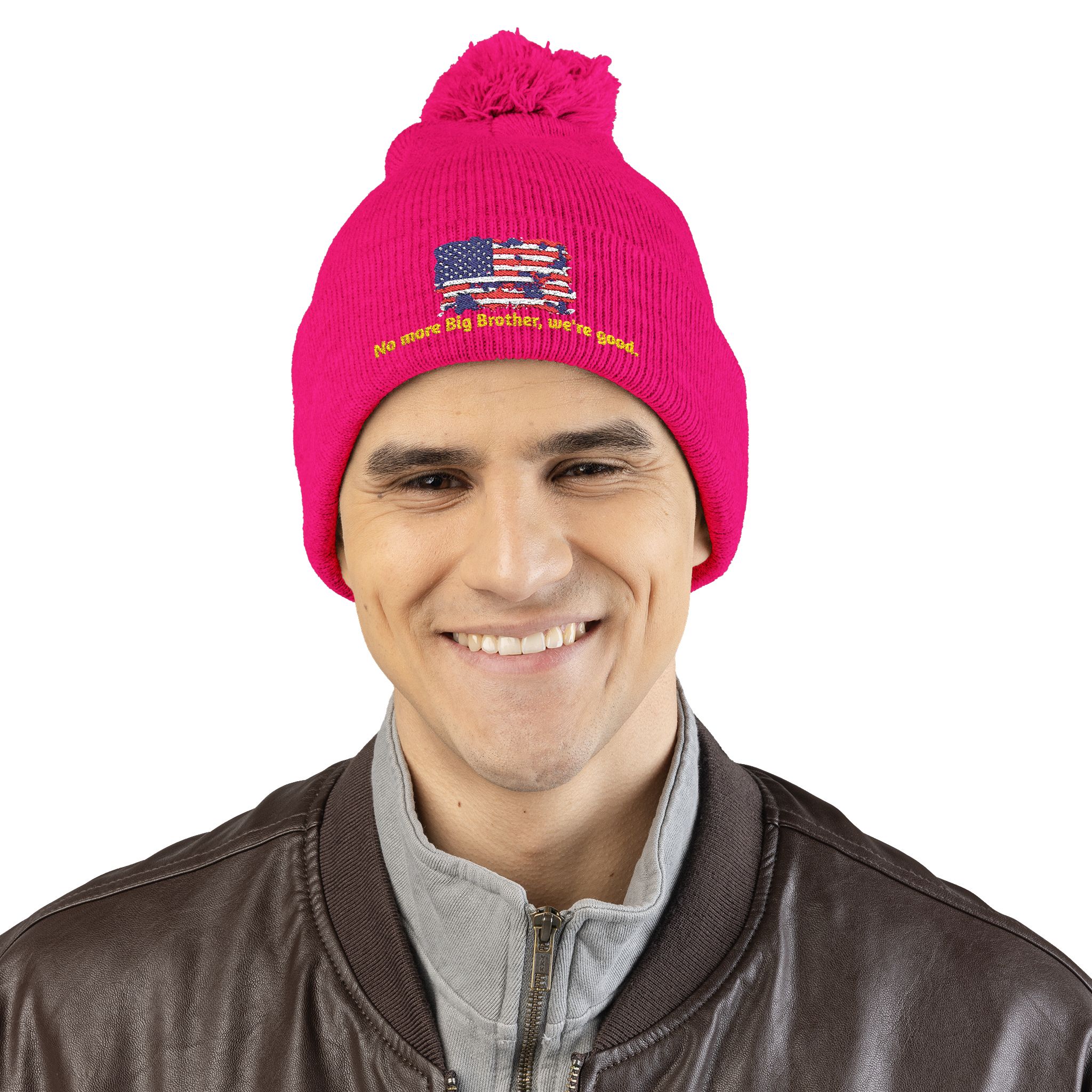 Pom-Pom Knit Cap — "No More Big Brother Stuff!" Embroidered Beanie - Image 45